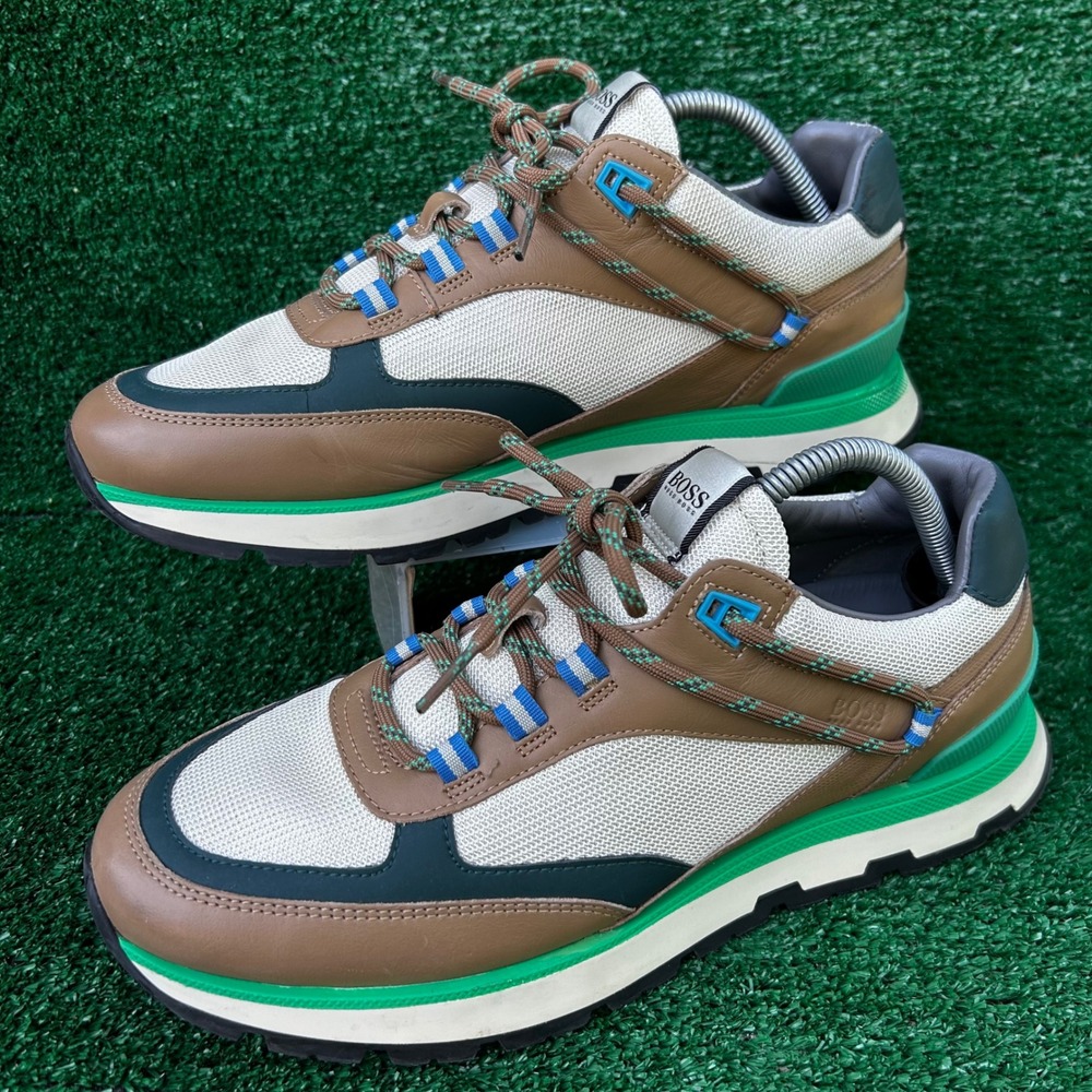 Hugo Boss Titanium Runn Sneakers Mens 43 Brown Green Leather Trainers 50459936